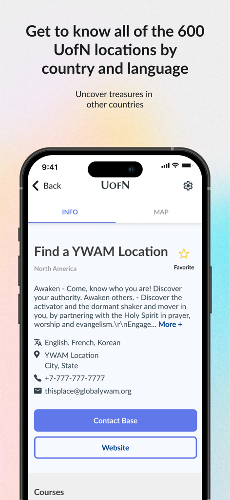 YWAM Training - Application YWAM Training montrant les détails et les informations de contact pour un lieu de base de mission.