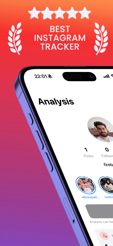 Followers, Unfollowers Report - Followers Unfollowers Report App-Oberfläche, die Profilanalyse und das Label 'Bester Instagram-Tracker' zeigt