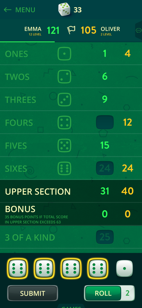A live multiplayer match in Dice Club US showing the scoreboard and dice rolls