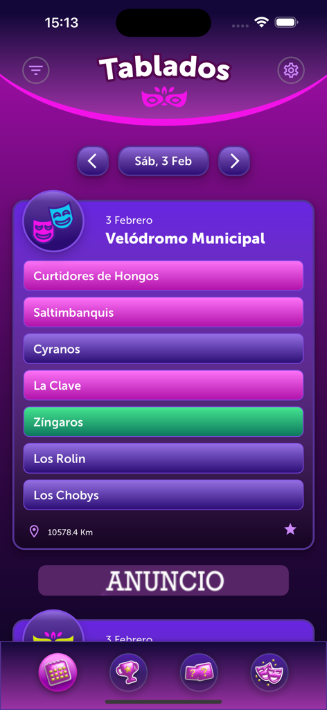 Carnaval App - Mobile app interface showing the programming for various Uruguayan Carnival stages called Tablados