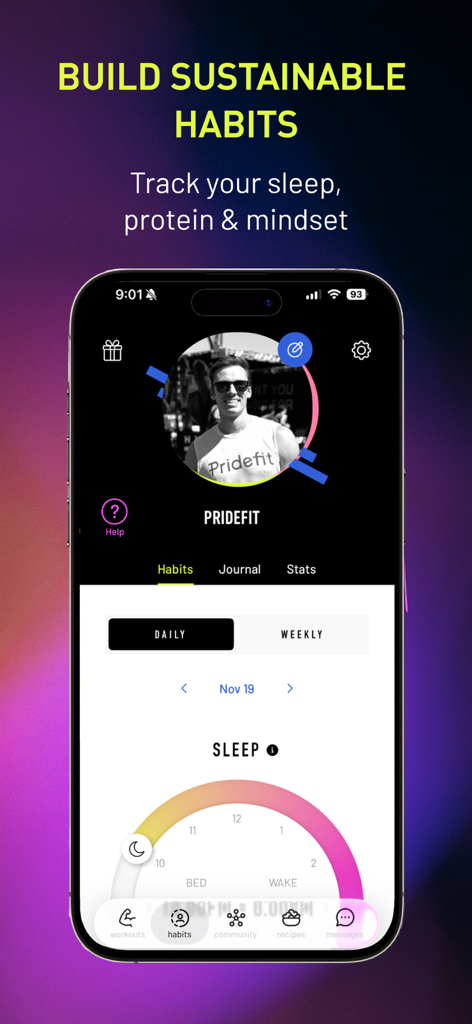Interfaz de la aplicación Pridefit que muestra el seguimiento de hábitos para el sueño y métricas diarias de salud