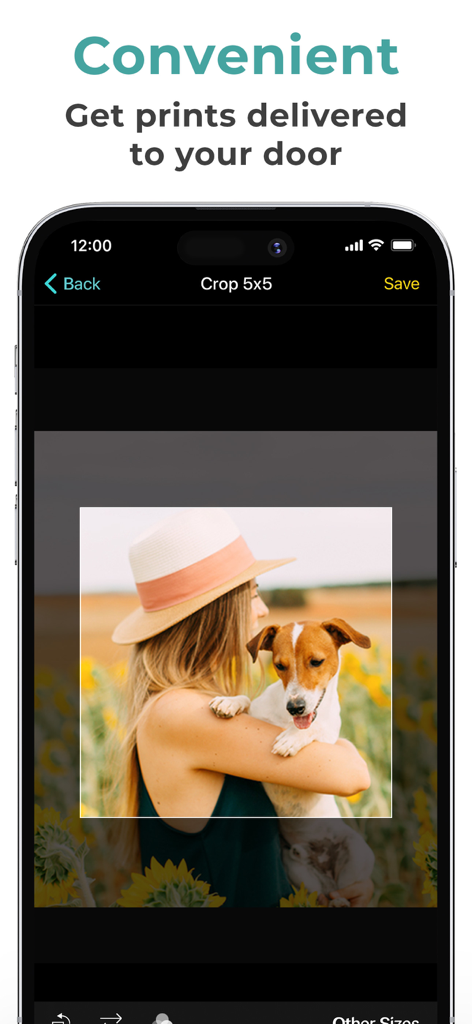 FreePrints – Print Photos - Smartphone screen showing the FreePrints app interface where a photo of a woman and her dog is being cropped for a 5x5 print