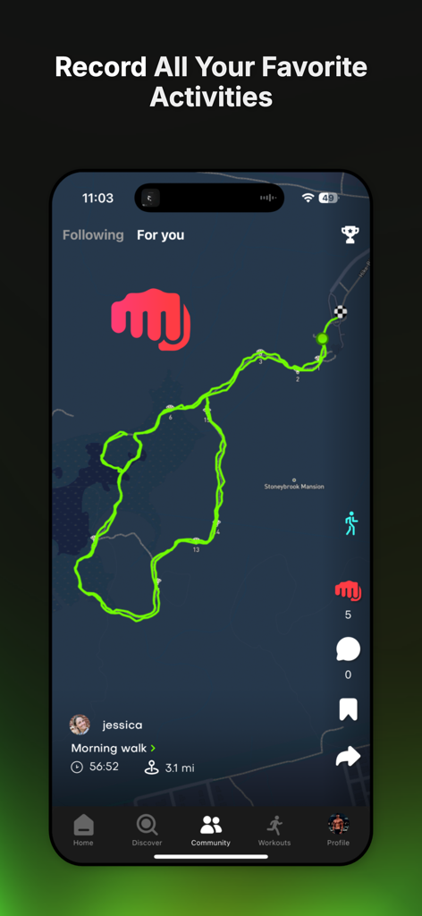 Top Challenger app screen showing GPS tracking for a morning walk activity with map and stats