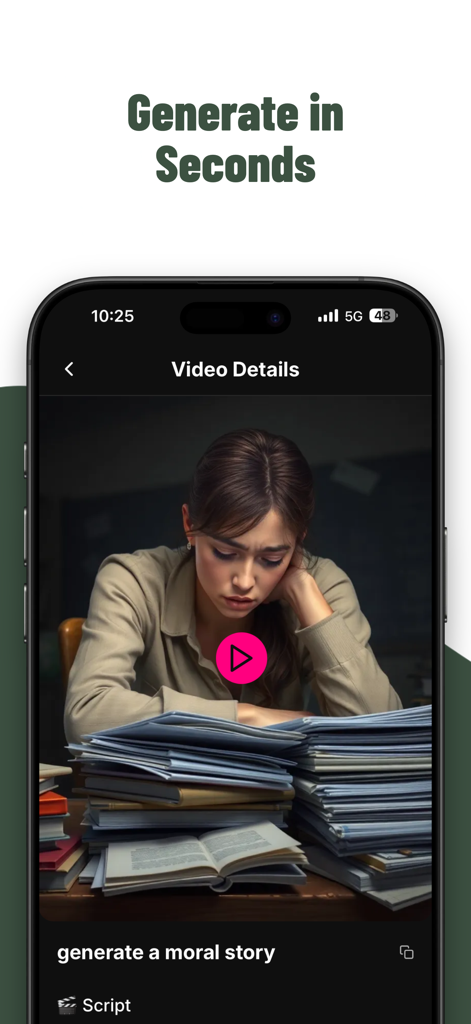 AI Video Maker : AutoAIShorts - AutoAI Shorts app interface showing a generated moral story video from a text prompt on a smartphone