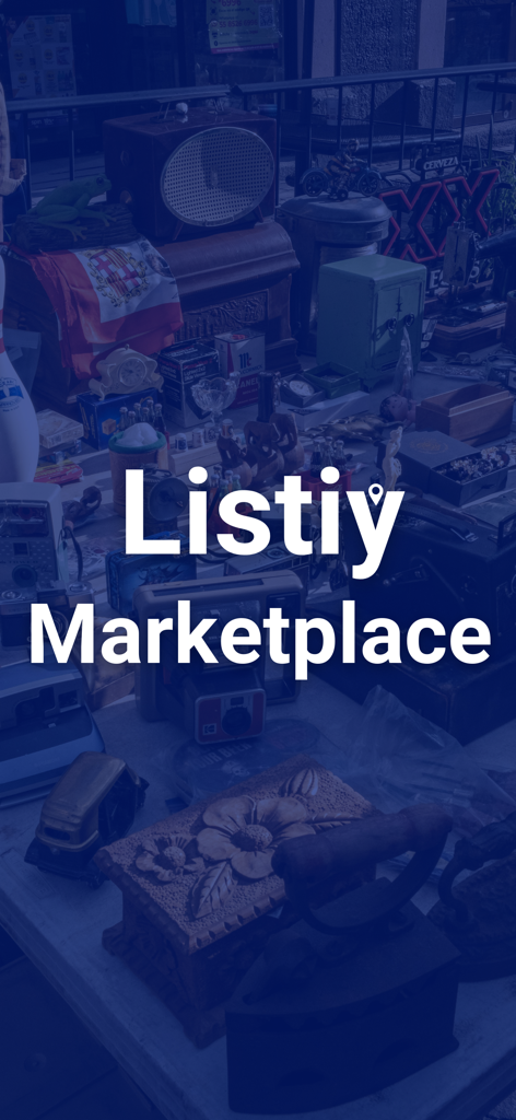 다양한 빈티지 및 중고 물품의 파란색 배경 위에 Listiy Marketplace 브랜딩 텍스트