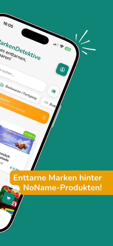 Mobile App-Oberfläche von MarkenDetektive, die Marken- und Generikaproduktvergleiche auf einem Smartphone anzeigt.