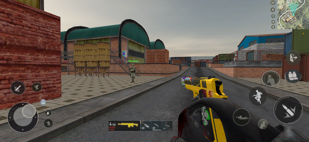 First person shooter gameplay showing a yellow pistol in an industrial combat zone
