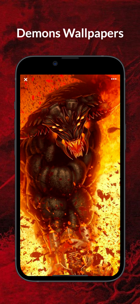A mobile phone screen displaying a powerful demon character in a fiery explosion as a wallpaper.