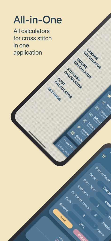 Menu principal do aplicativo Calculadoras de Ponto Cruz mostrando opções de calculadora de tela, muline, pontos e custos