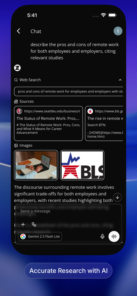 Zemith - SuperAI All in One AI - Zemithアプリのインターフェース。引用されたウェブソースと画像を含むAIリサーチ結果が、プロフェッショナルなクエリに対して表示されています。