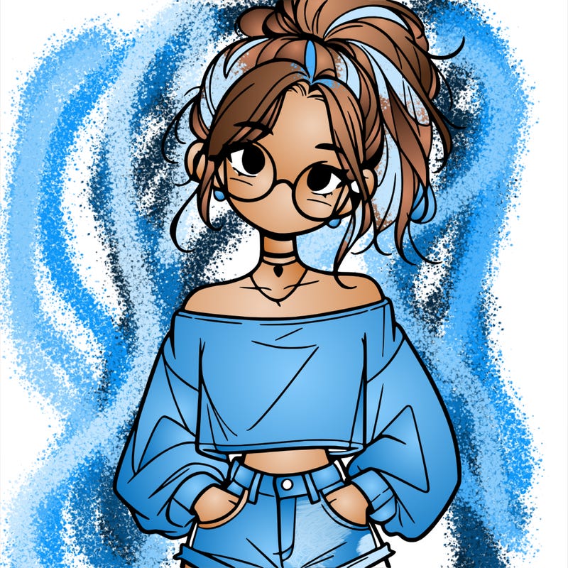 girl with a messy ponytail glasses a baggy crop top and jean shorts