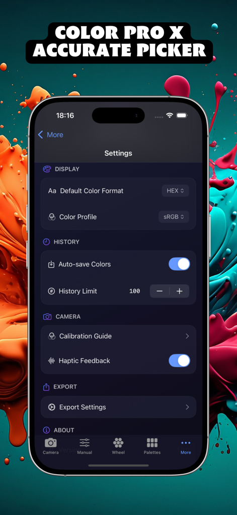 Color Pro X Accurate Picker - Pantalla de configuración de Color Pro X Accurate Picker que muestra el formato de color de visualización y las opciones de historial en un iPhone.