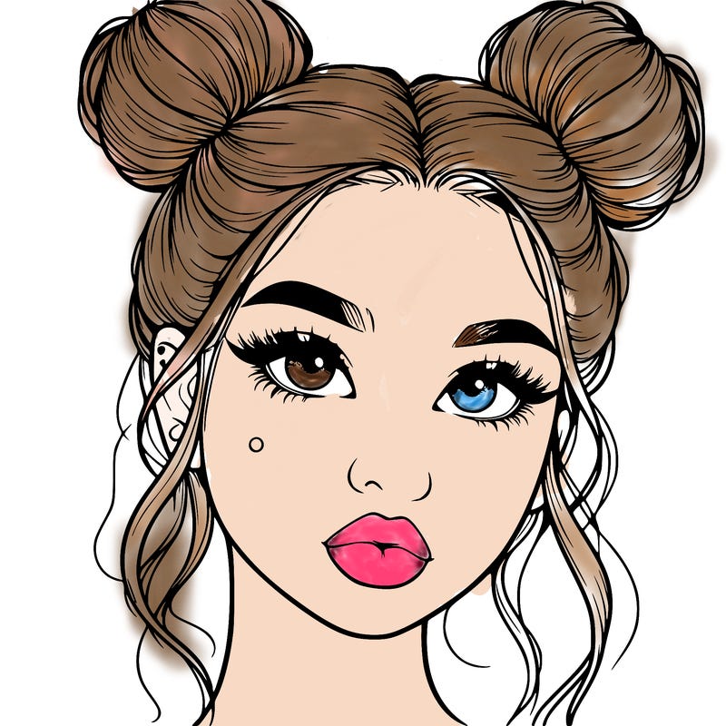 realistic girl with two buns on her hair and lips
