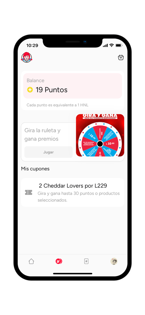 Wendy's Honduras - Wendys Honduras app interface showing loyalty points balance and promotional coupons