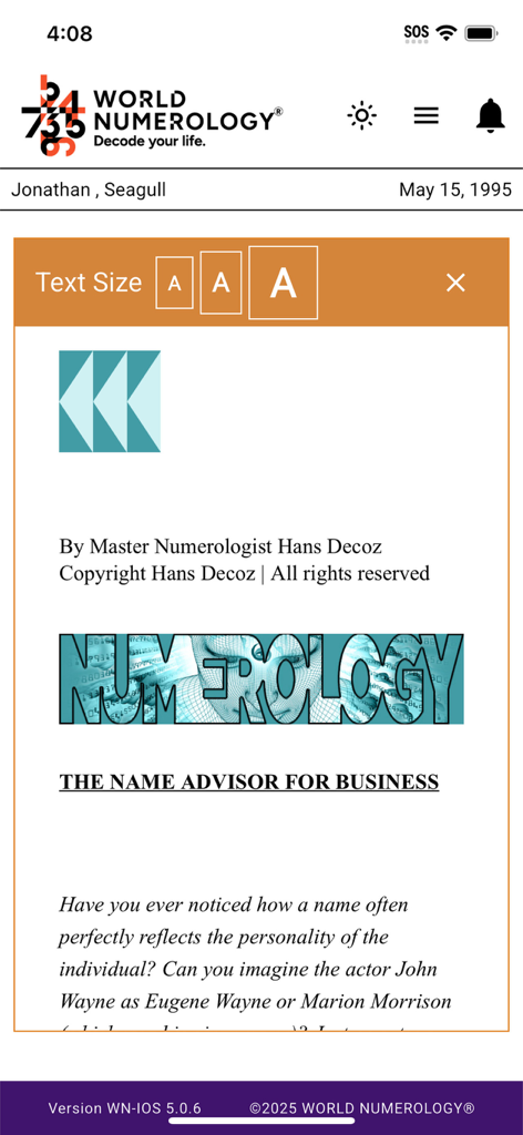 World Numerology Collection II - World Numerology app screen showing the Name Advisor for Business report