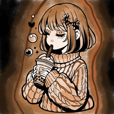 manga girl drinking boba in cozy sweater