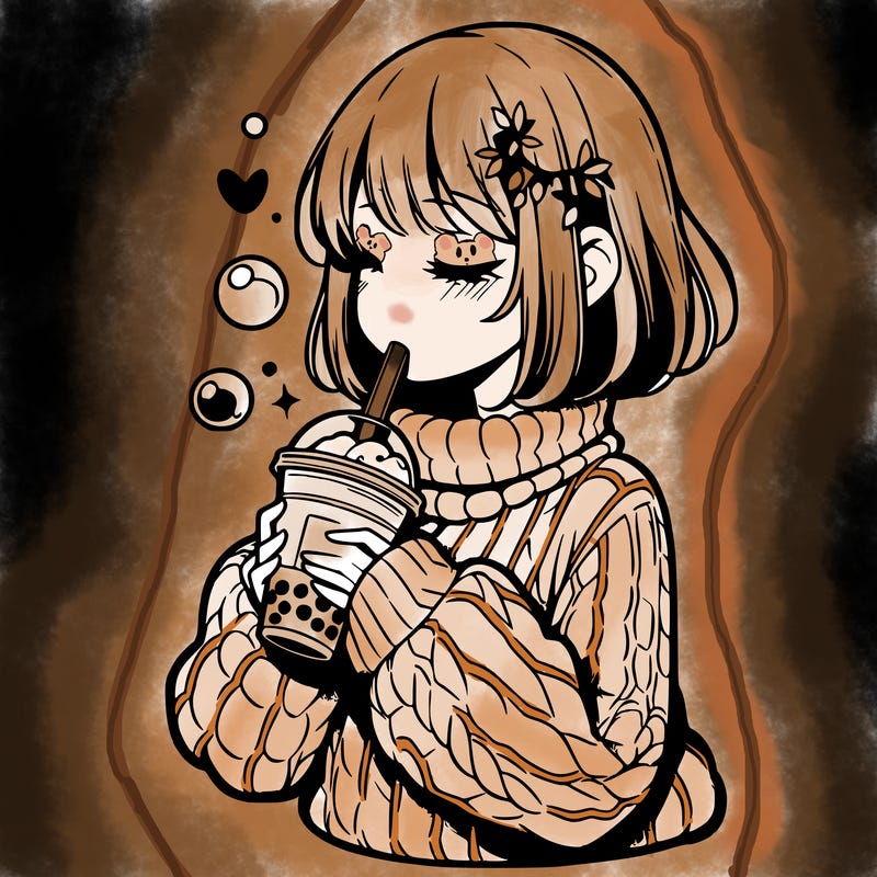 manga girl drinking boba in cozy sweater