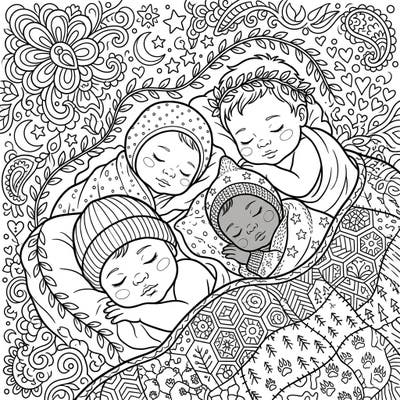 Immerse yourself in tranquility with this beautifully intricate adult coloring page, showcasing a tender scene of sleeping babies. Discover detailed patterns and comforting motifs, perfect for a relaxing and mindful creative escape.