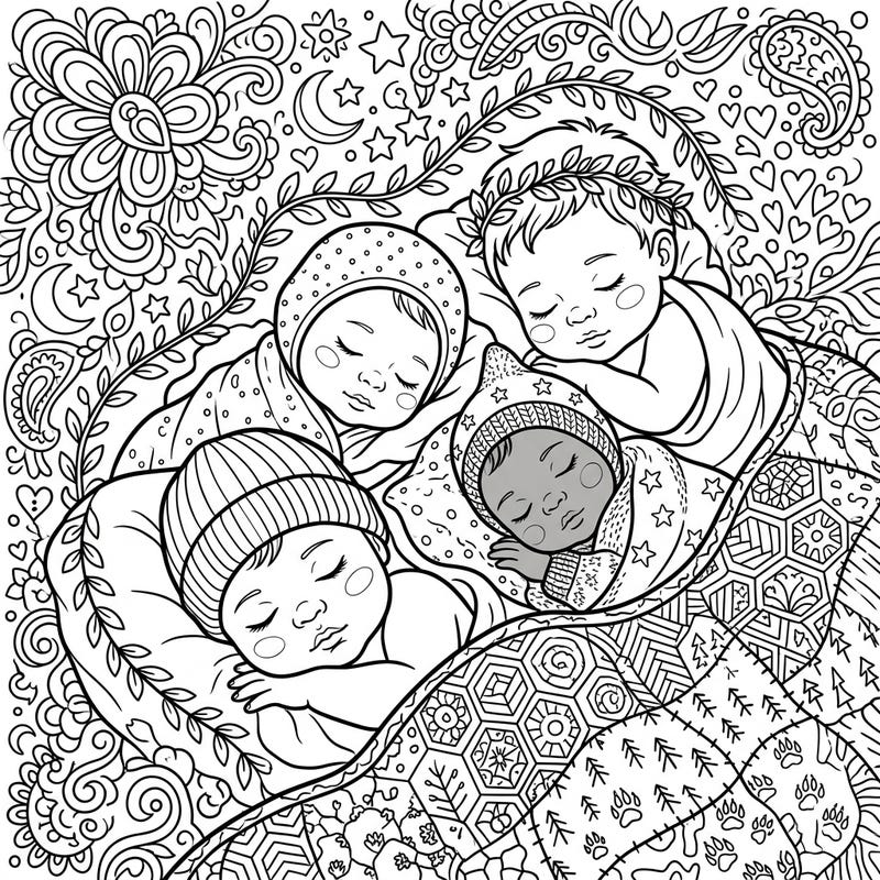 Immerse yourself in tranquility with this beautifully intricate adult coloring page, showcasing a tender scene of sleeping babies. Discover detailed patterns and comforting motifs, perfect for a relaxing and mindful creative escape.