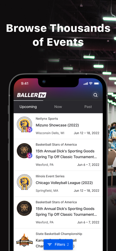 BallerTV - Interfaccia dell'app BallerTV che mostra un elenco di imminenti eventi sportivi giovanili e tornei