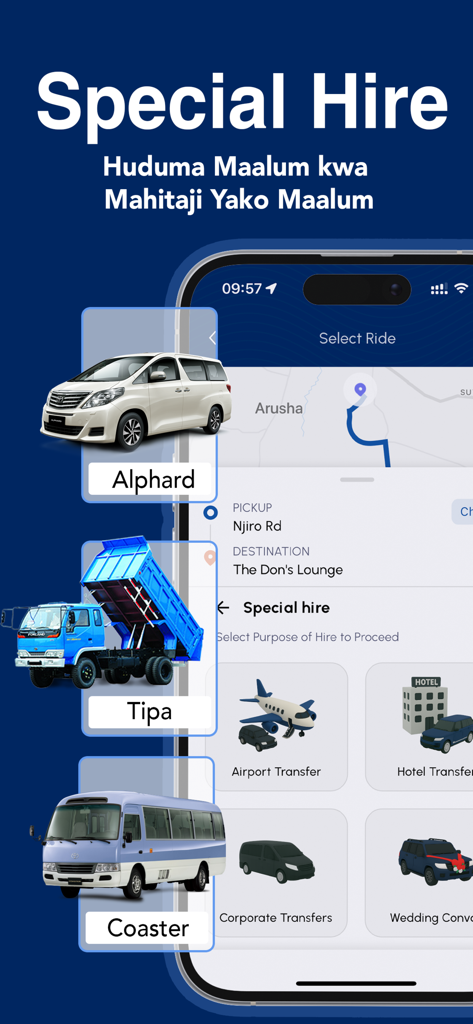 SasaRide app interface displaying special vehicle hire options including luxury cars, trucks, and buses for airport and corporate transfers.
