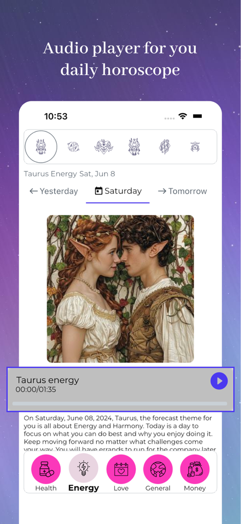 Interface of the Daily Horoscope app showing an audio player for a Taurus zodiac forecast with categories for love and money.