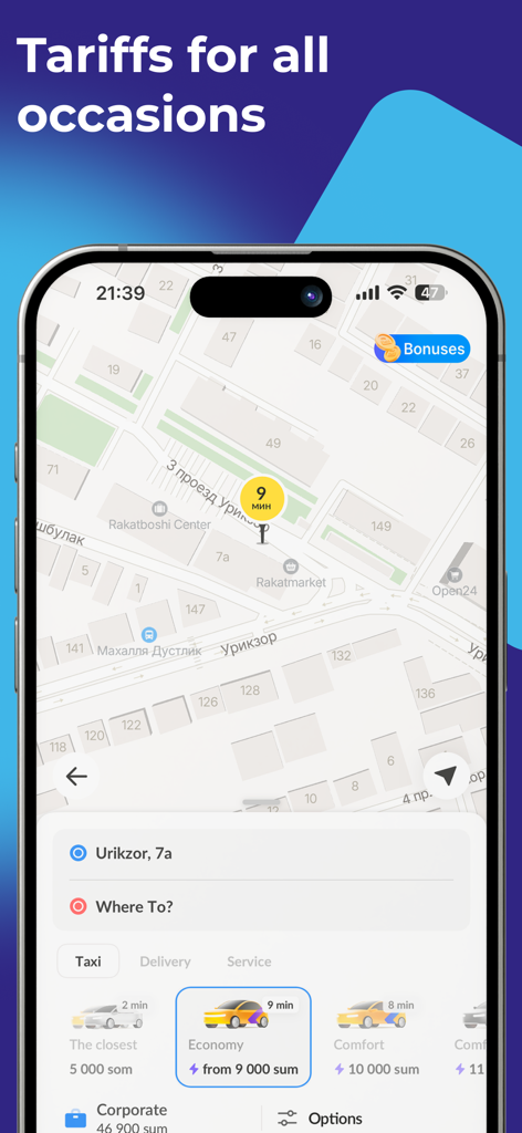 MyTaxi - taxi and delivery - L'interface de l'application MyTaxi affiche une carte et différents tarifs de course, comme Économique et Confort.