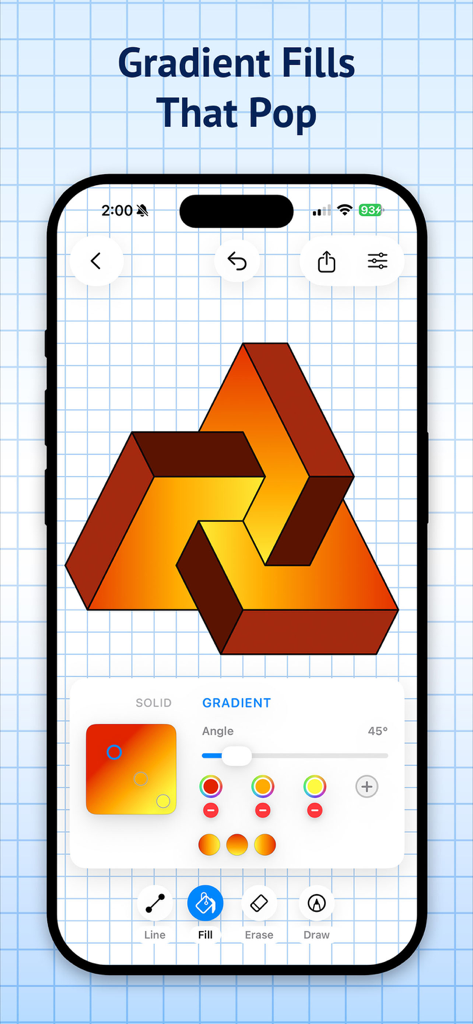 Graph Paper Pro - Interfaz de la aplicación Graph Paper Pro que muestra una forma geométrica 3D con un relleno degradado vibrante sobre un fondo de cuadrícula