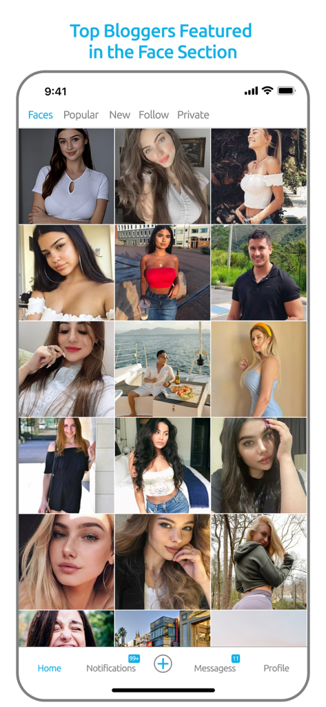 Your Fans - Your Fans app interface displaying a grid of top bloggers in the Face section