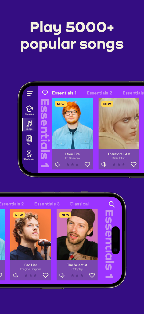 Simply Piano app interface showing a library of popular songs by artists like Ed Sheeran and Billie Eilish