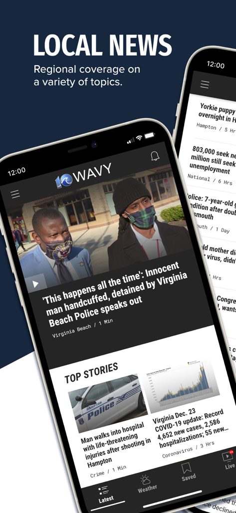 The WAVY TV 10 app interface showing local news headlines and regional coverage for Norfolk and Virginia Beach.
