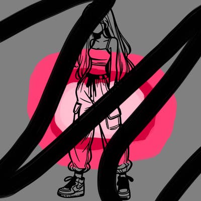 girl in baggy pants crop top and long hair