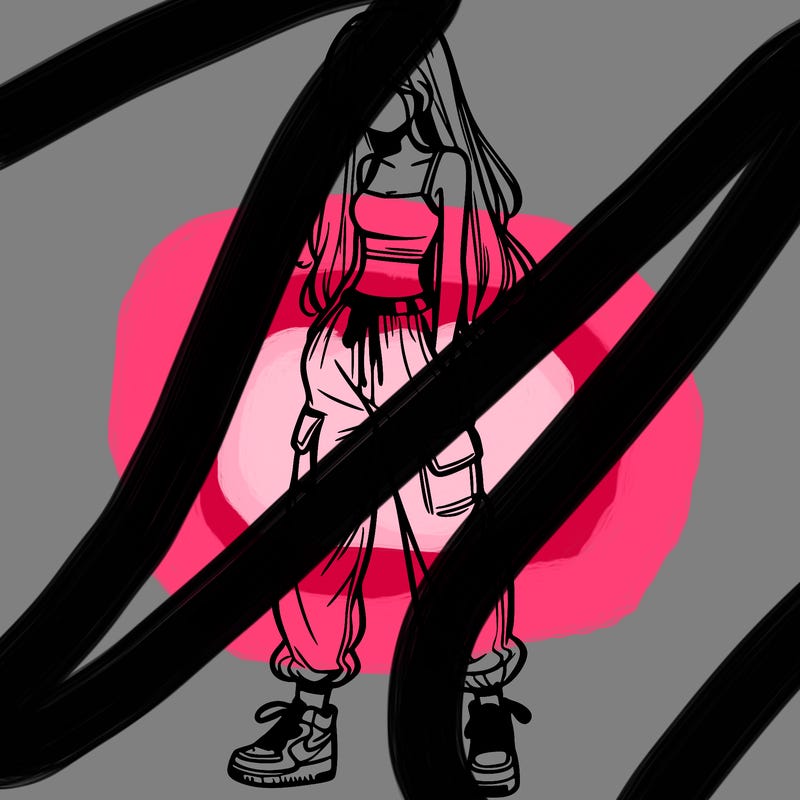 girl in baggy pants crop top and long hair