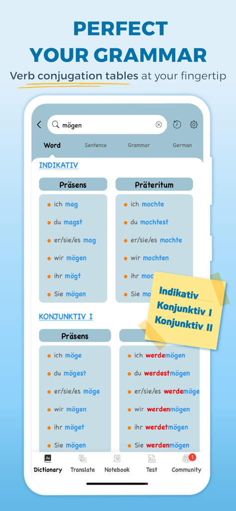 Tela do aplicativo Faztaa exibindo tabelas abrangentes de conjugação verbal alemã para estudo de gramática.