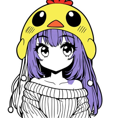 anime girl with chick shaped hat with sweater with bare shoulders with bangs covering them one eye with low tail