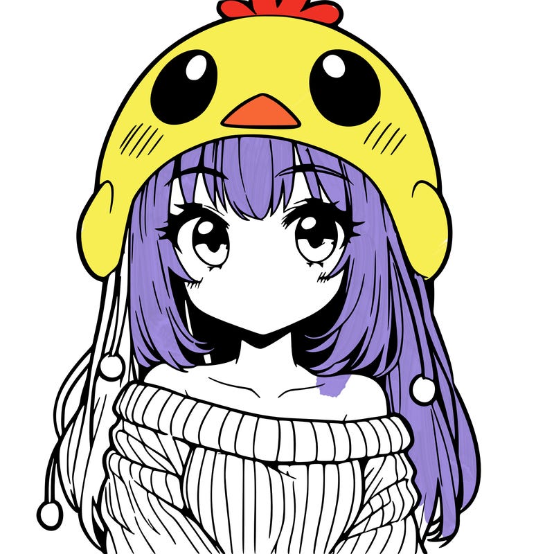 anime girl with chick shaped hat with sweater with bare shoulders with bangs covering them one eye with low tail