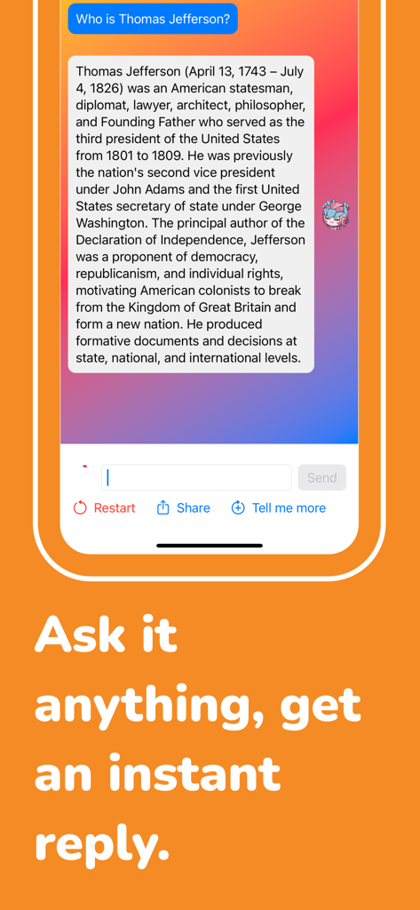 A screenshot of the Chatbot Activate AI app showing a chat interface with a detailed answer to a question about Thomas Jefferson.