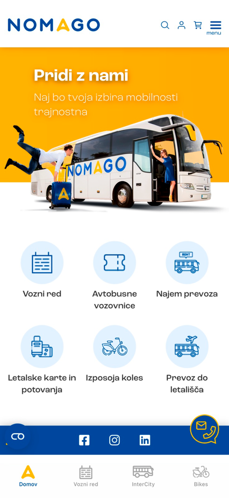 Schermata home dell'app Nomago che mostra biglietti dell'autobus, noleggio biciclette e opzioni di trasferimento aeroportuale.