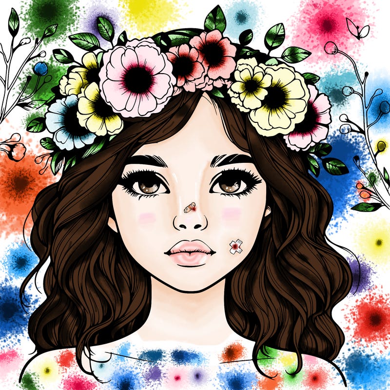 beautiful realistic girl with freckles and a flower crown