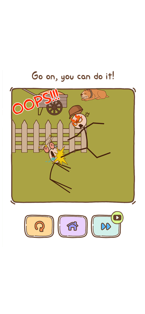 A screenshot of a failed level in Thief Puzzle showing a slapstick humor scene where a character gets kicked