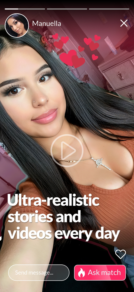 Date.AI - Virtual Lovers - Captura de pantalla de la app Date.AI mostrando una amante virtual realista llamada Manuella con historias de video diarias y opciones de chat.