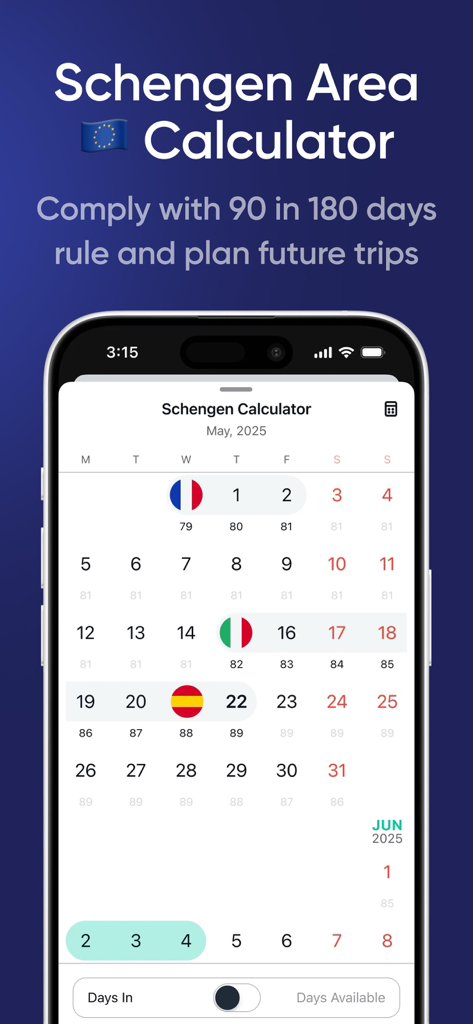 Flamingo – Tax & Visa Tracker - Schengen Area calculator interface in the Flamingo app showing a calendar with travel days and country flags