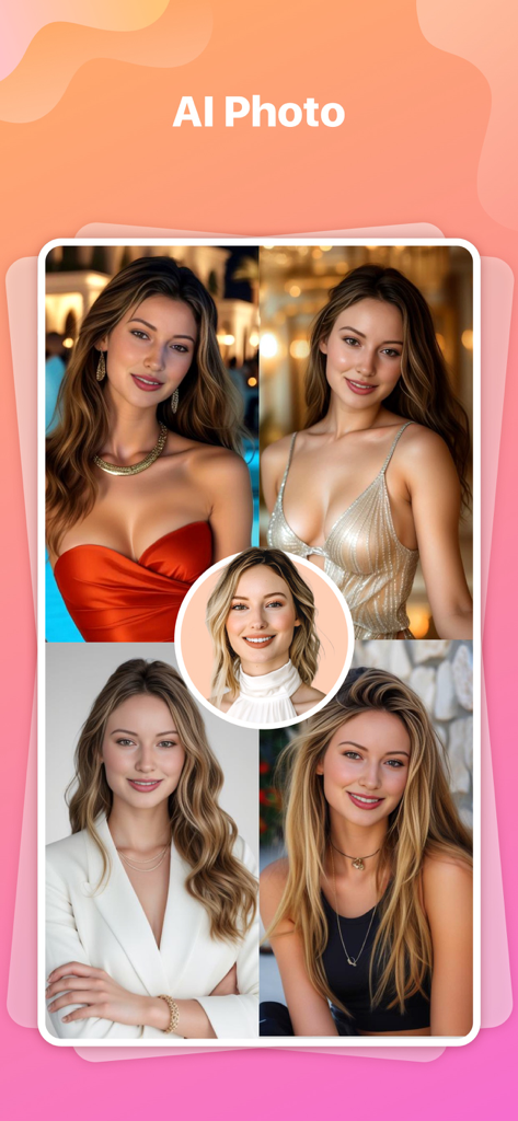 A collage showing a womans central portrait surrounded by AI-generated versions in professional and elegant outfits