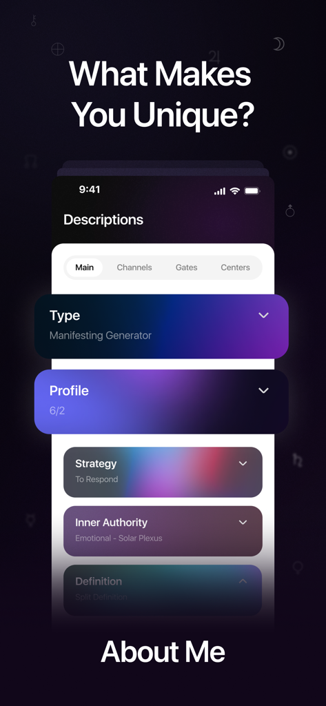 My Human Design App - SACRAL - Interfaz de la App SACRAL mostrando un perfil personal de Diseño Humano con descripciones de tipo, estrategia y autoridad
