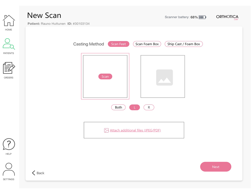 Orthotica3D - The new scan setup screen in the Orthotica3D app for practitioners to select a casting method.