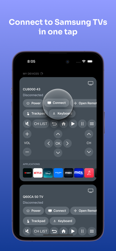 Easy Remote: Remote Control TV - Aplicación Easy Remote en iPhone mostrando una lista de televisores Samsung con un botón de conexión