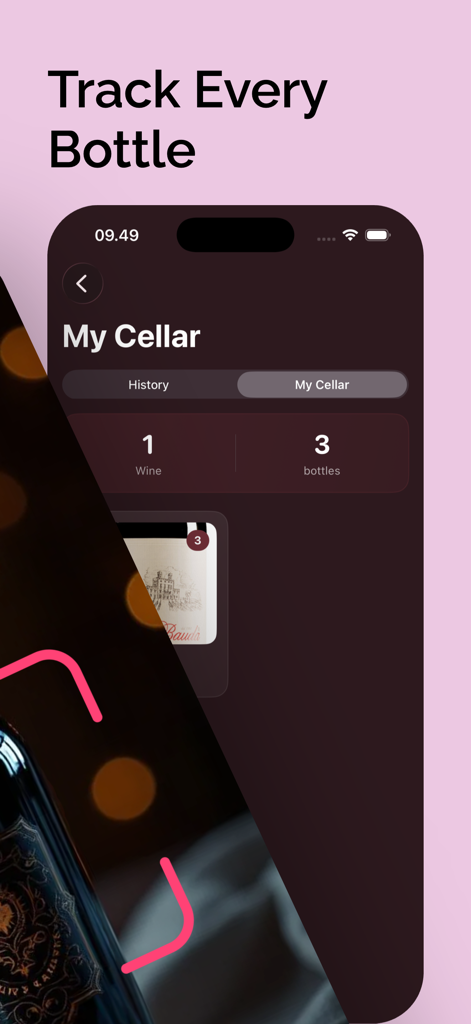 Vino AI: Wine Scanner - Interfaz de la aplicación Vino AI mostrando la función Mi Bodega para rastrear el inventario de botellas de vino