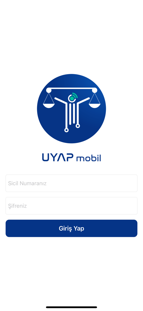 UYAP Mobil - UYAP Mobilアプリのログインインターフェース。登録番号とパスワードフィールドが表示されています。