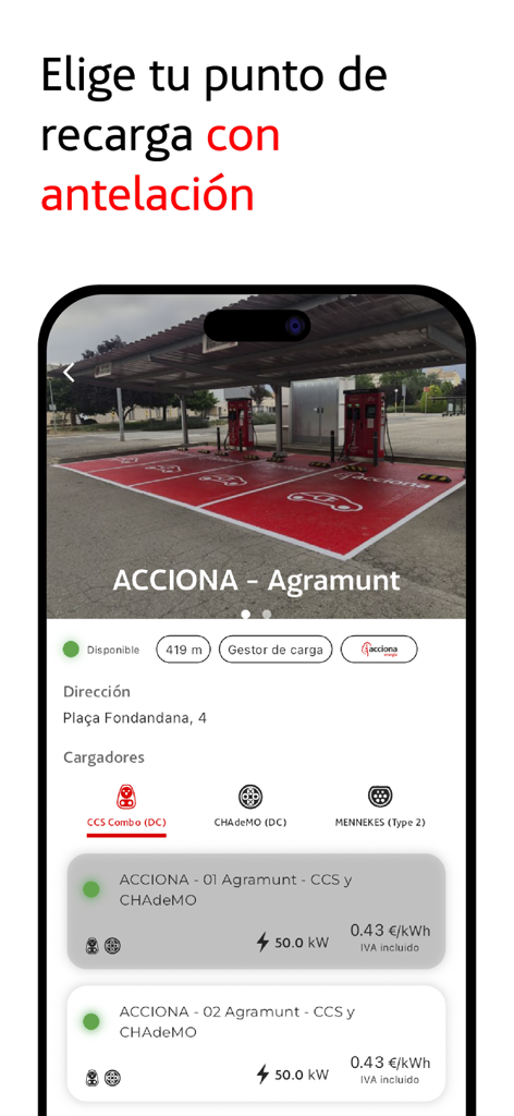 Interfaccia dell'app ACCIONA recarga EV che mostra i dettagli della stazione di ricarica, la posizione e le specifiche di potenza ad Agramunt.