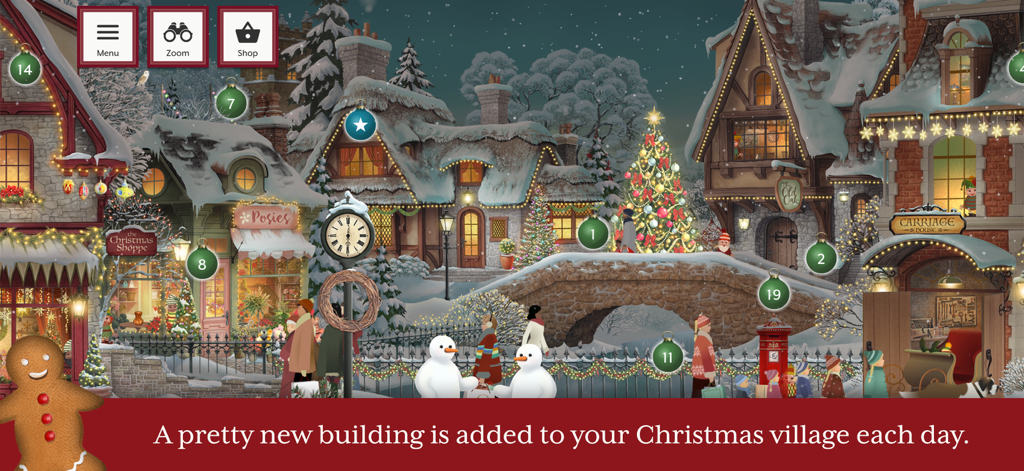 A hand-drawn snowy Christmas village scene with numbered advent ornaments and snowmen